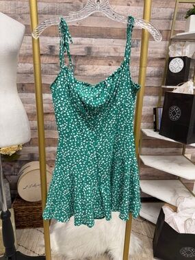 Green Floral Tie Shoulder Strap Mini Dress Romper S